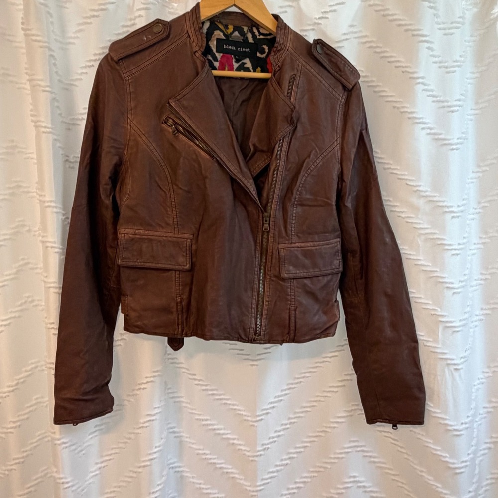 Black Rivet Womens Brown Faux Leather Moto Biker Jacket Size M Asymmetric Zip‎
